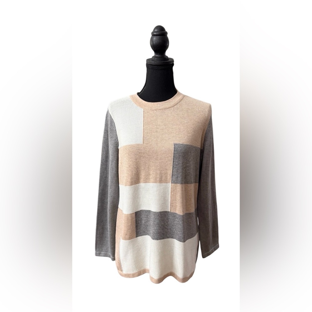 Calvin Klein Women's Colorblock Crewneck Sweater in Beige, Gray & Cream
